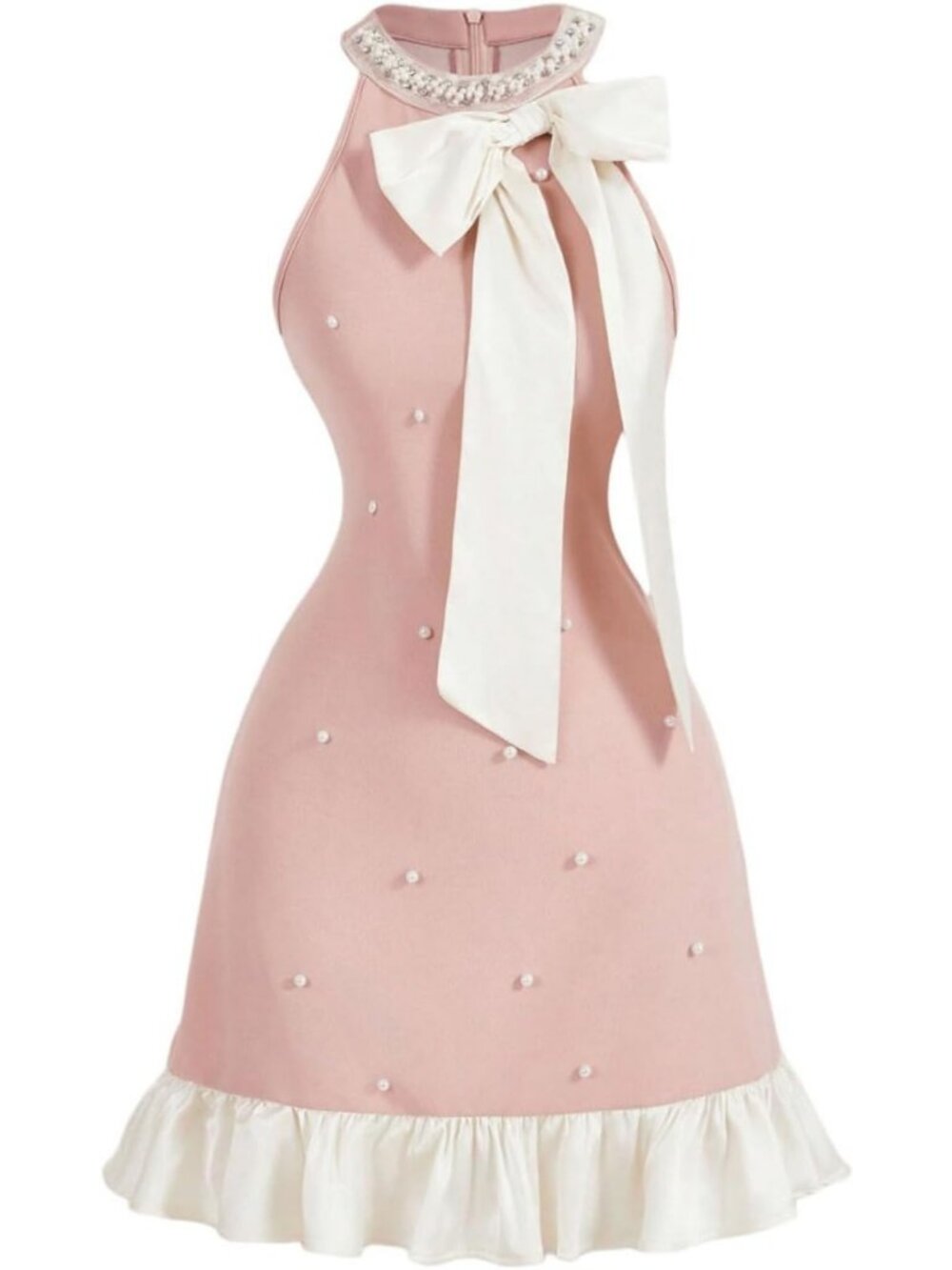 Elegant Bowknot Halter Mini Dress with Ruffle Hem | Beaded, Sleeveless, A-Line